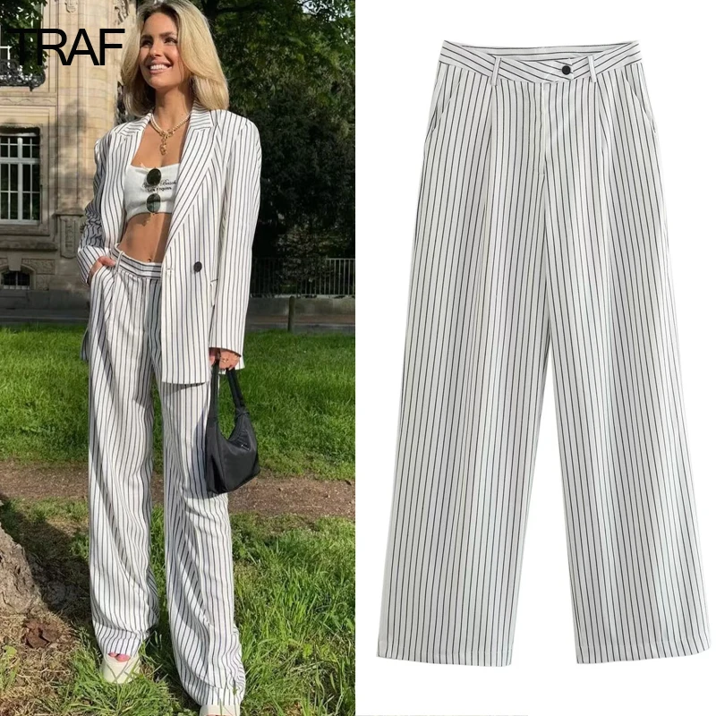 

TRAF High Waist Wide Leg Pants Women Summer Striped Baggy Female Trousers Elegant Women's Pantalona Pants 2023 New Harem Pants