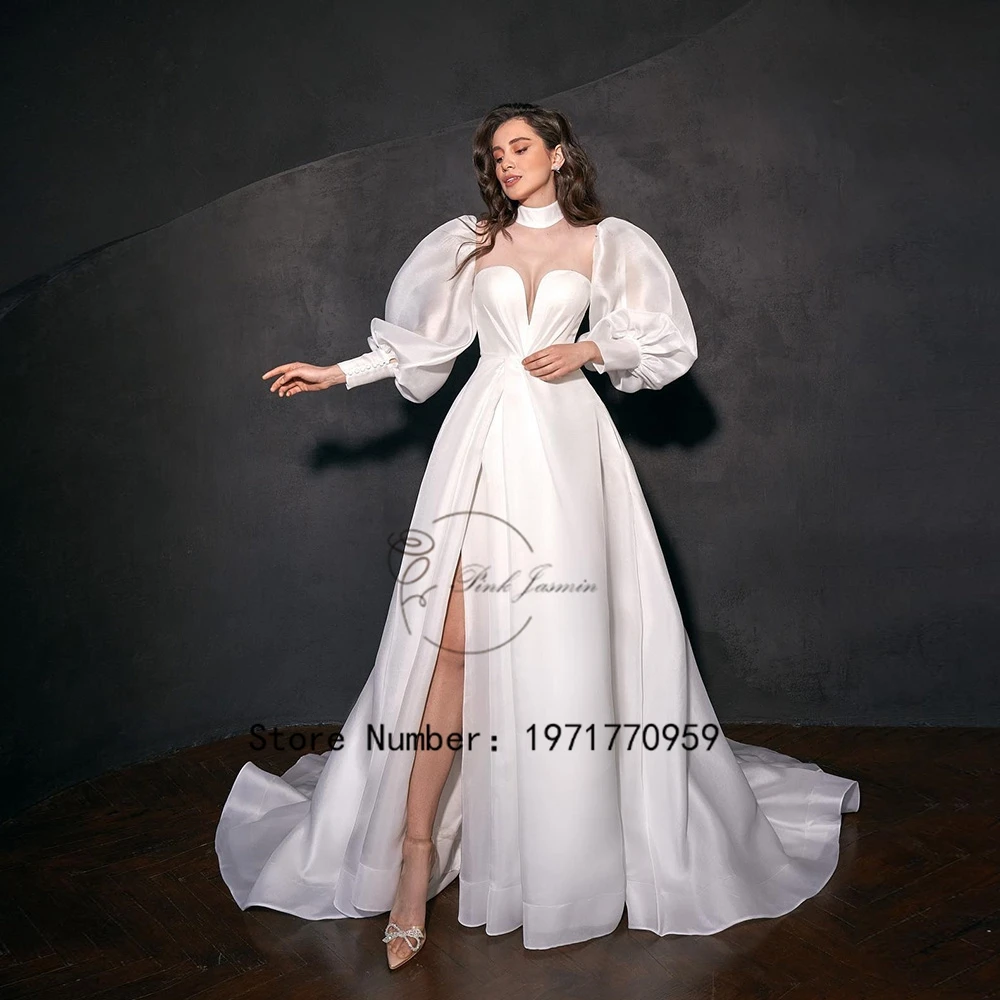 

Sweetheart High Neck Wedding Dresses For Women 2023 Gorgerous Puff Sleeves A Line Lace Applique Elegant Bridal Robe De Mariée