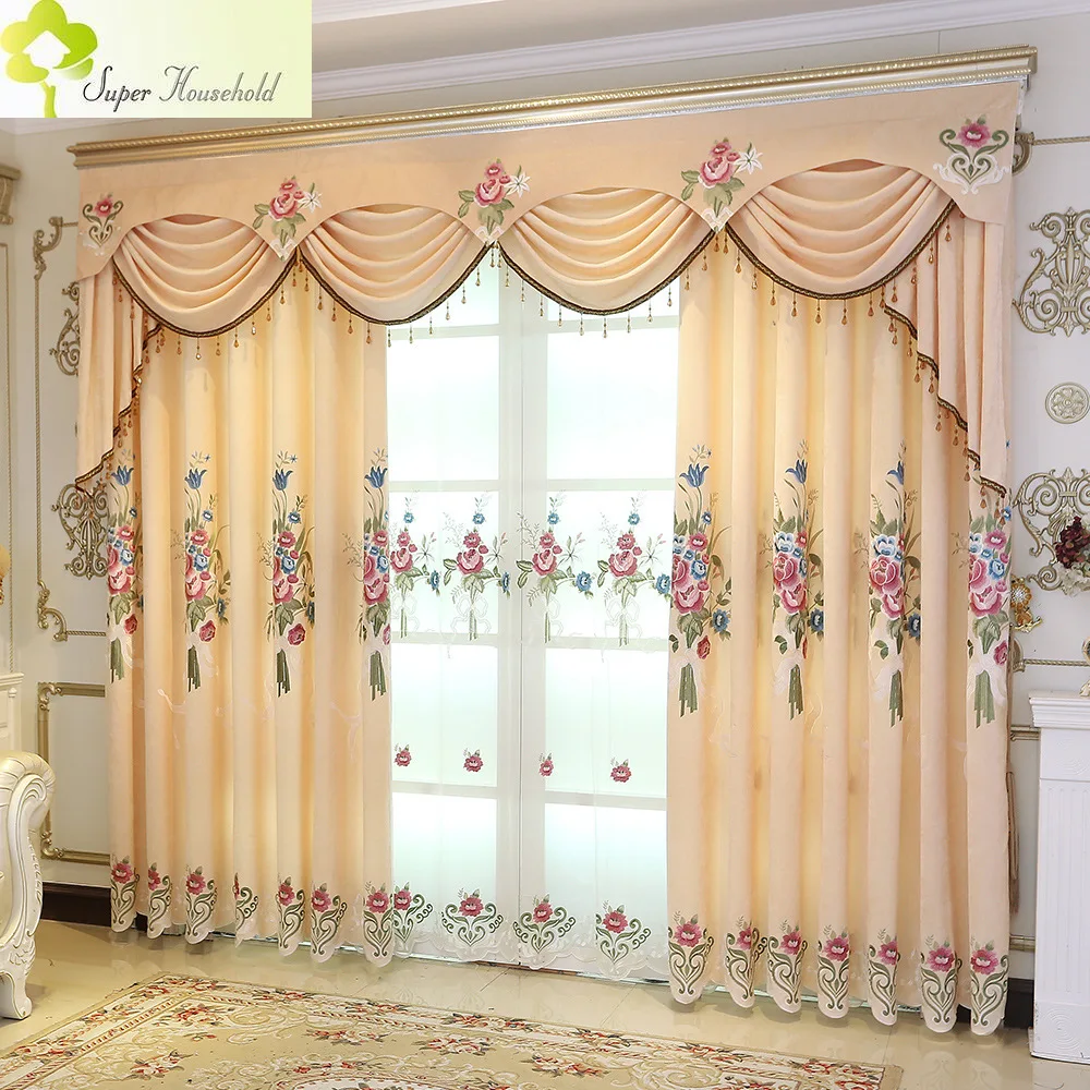

Luxury Chenille Imitation Cashmere Embroidery Curtains for Living Room Bay Window Beige Valance Sunshade Fabric in Bedroom