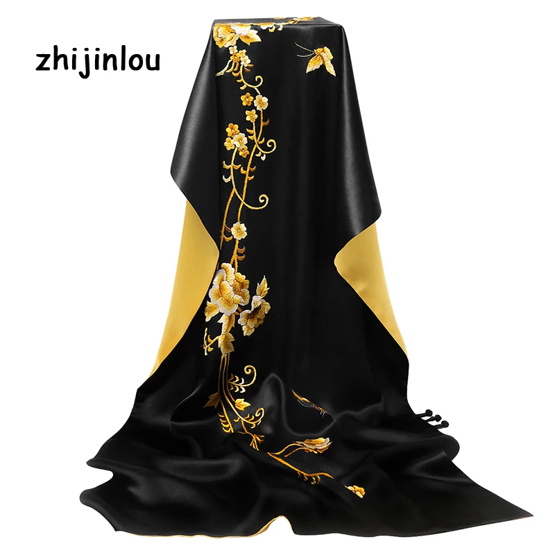 

New Fashion 100% Pure Embroidered Silk Scarves 16MM Double-Layer Fabric Shawl With Frog Buttons for Women Lady Present