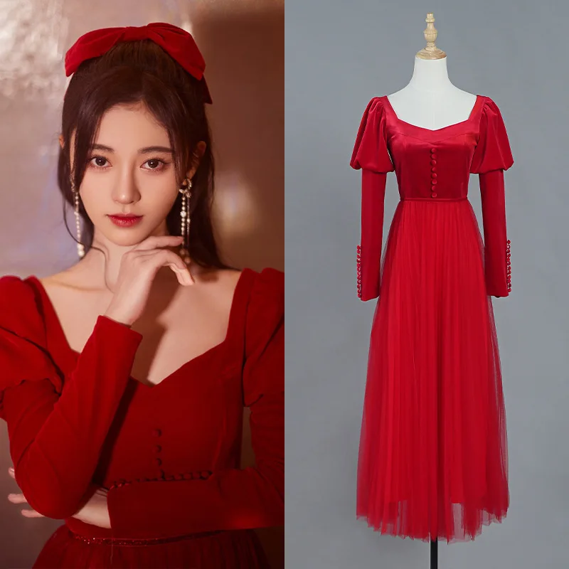 

[Stock] Ju Jingyi the same 2023 spring new fashion age reduction senior sense light luxury patchwork gauze dress