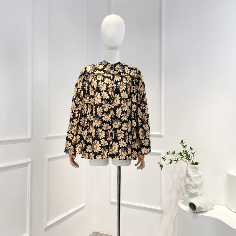 

Женская блузка с принтом маргариток, черная блузка с круглым вырезом и рукавами-фонариками, лето 2023