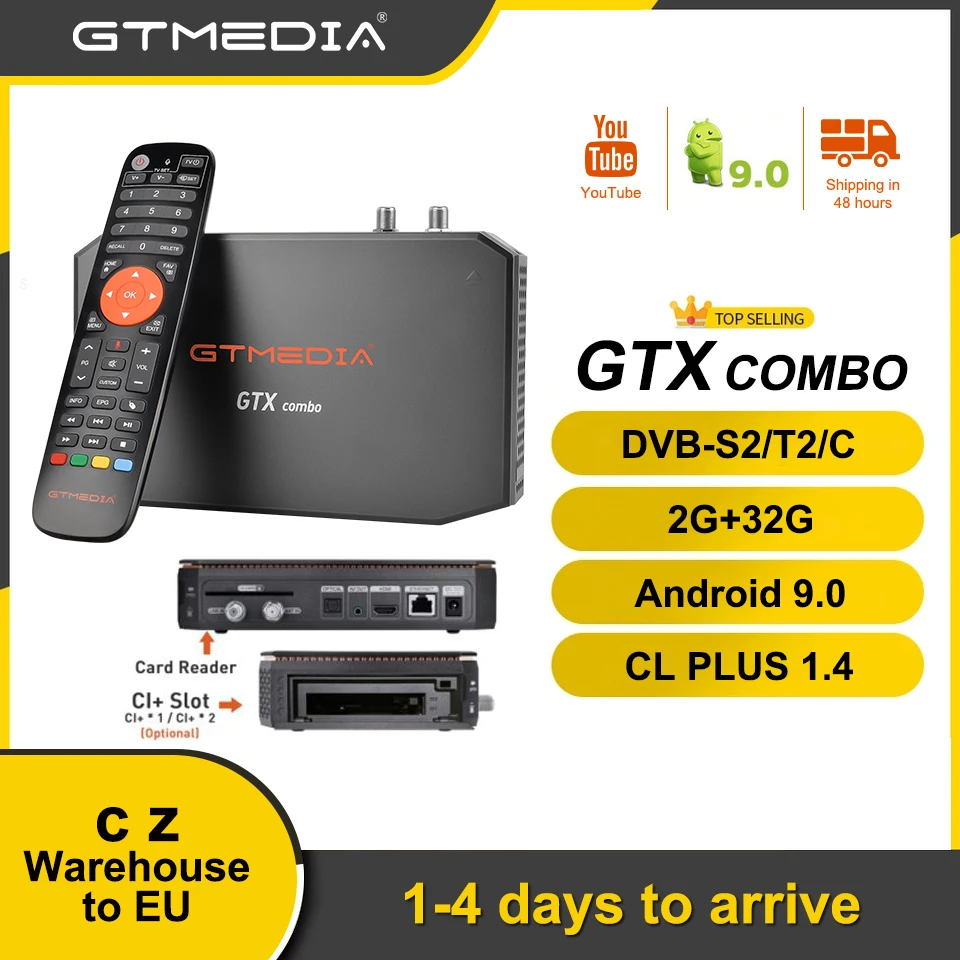 

Спутниковый ресивер GTMEDIA GTX COMBO 4K 8K UHD Android 9,0, DVB-S2/T2/C 2 ГБ + 32 Гб, поддержка протокола m3u ccam и карт CA, Bluetooth 4