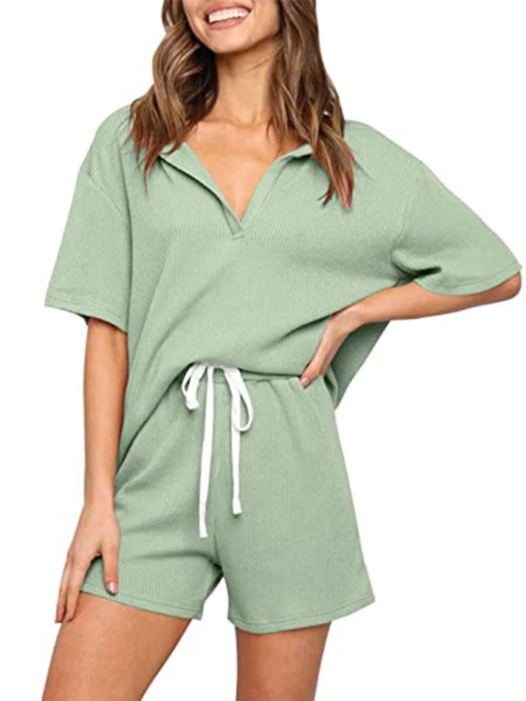 

2-piece short set women 2023 summer outifits Casual Pajamas suit solid short-sleeved tracksuit V-neck 2-piece clothing for women