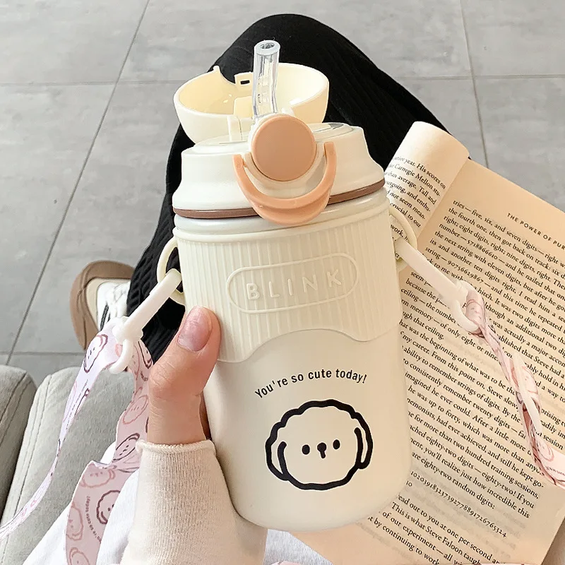 480ml Cartoon Thermos Mug With Strap Stainless Steel 304 Vacuum Flask With Straw Cute Child Thermal Water Bottle Tumbler