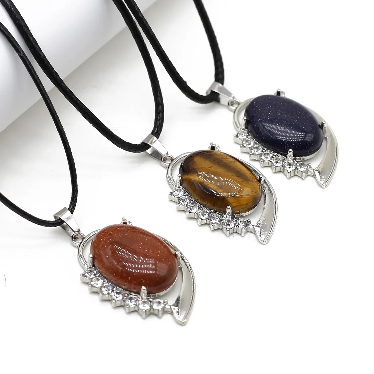 

Fashion Oval Wrapped Natural Stone Amethyst Agate Leather Rope Necklace Pendant Jewelry DIY Necklace Gift Accessories