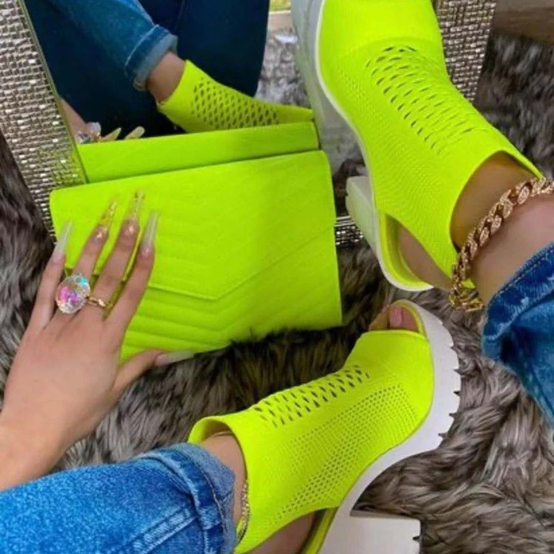 

2022 Women High Heels Fashion Peep Toe Mesh Thick-Heeled Shoes Slip-On Ladies Pumps Women Outdoor All-Match Platform Sandals