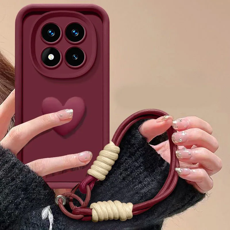 Фото Для Redmi Note 15 Pro Plus, Note 14 Pro, Note 13: чехол с ремешком на запястье, 3D-сердечком, ремешком на руку, задняя крышка из жидкого силикона. №2