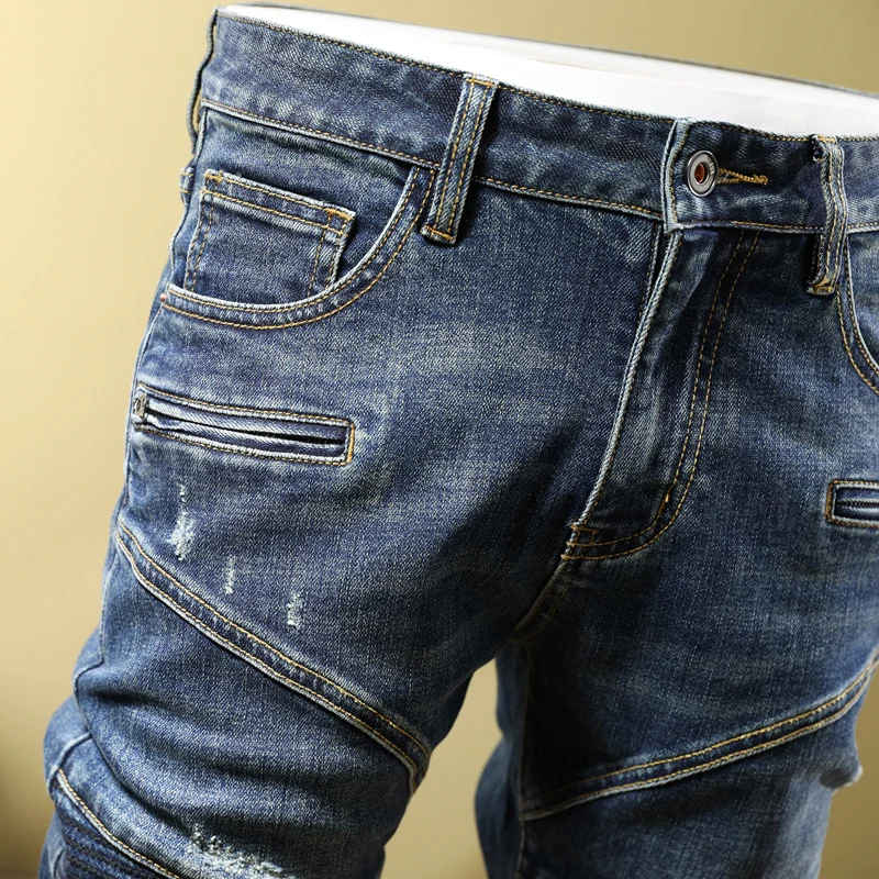 High Street Fashion Men Jeans Vintage Blue Elastic Skinny Retro Ripped Jeans Men Spliced Designer Hip Hop Biker Pants Hombre