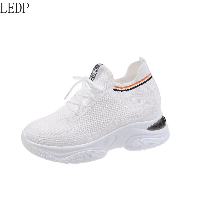 

Height Increasing Insole Dad Shoes Women's Hollow-out Fly Knit Summer New Mesh Breathable White Shoes Thick Bottom Casual Shoes