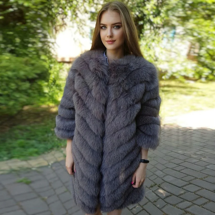 

Size Women Natural Real Fox Coat Female Genuine Fur Plus High Jacket Knee-Length Overcoat quality