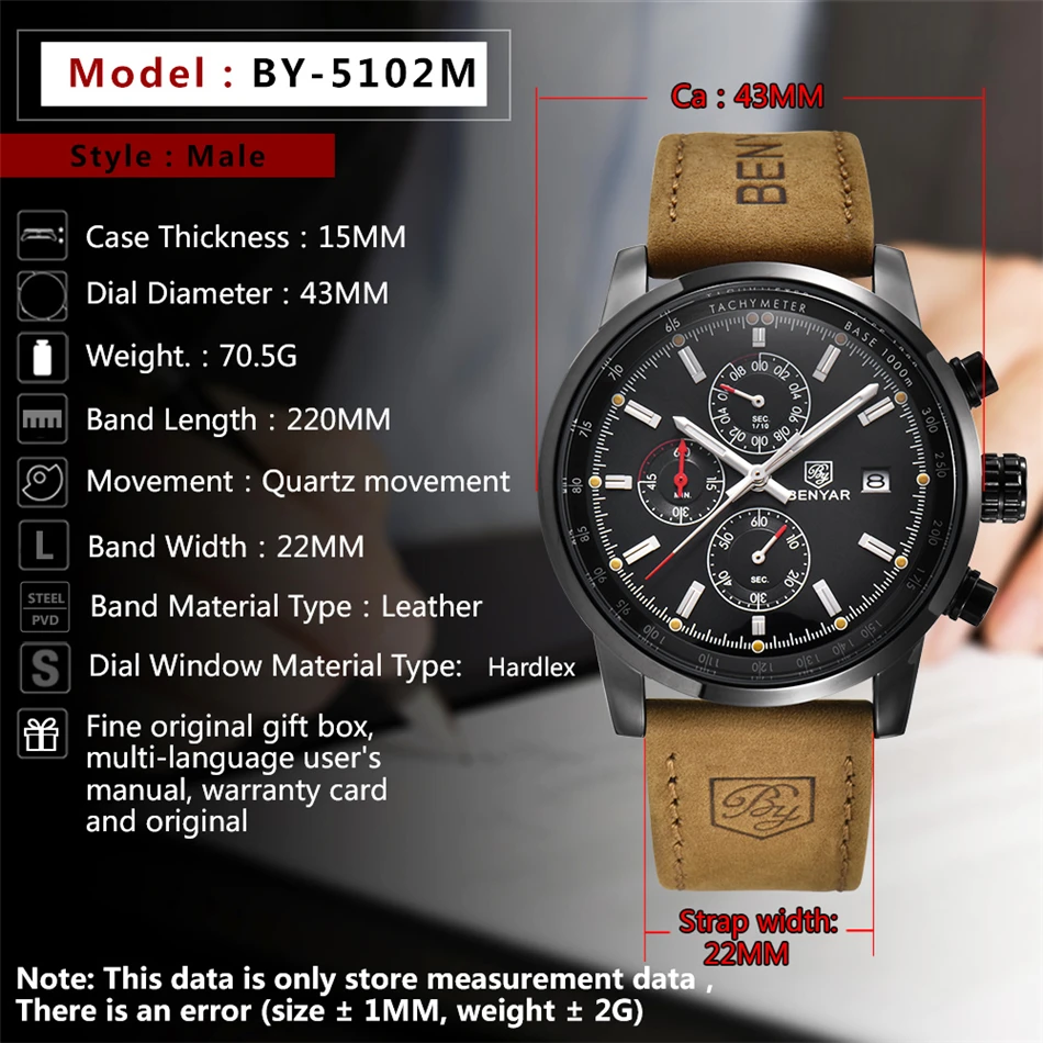 BENYAR Luxury Brand Man Wristwatches multi-functio Leather Business Waterproof Watches Men Wrist Quartz Sports Relogio Masculino enlarge