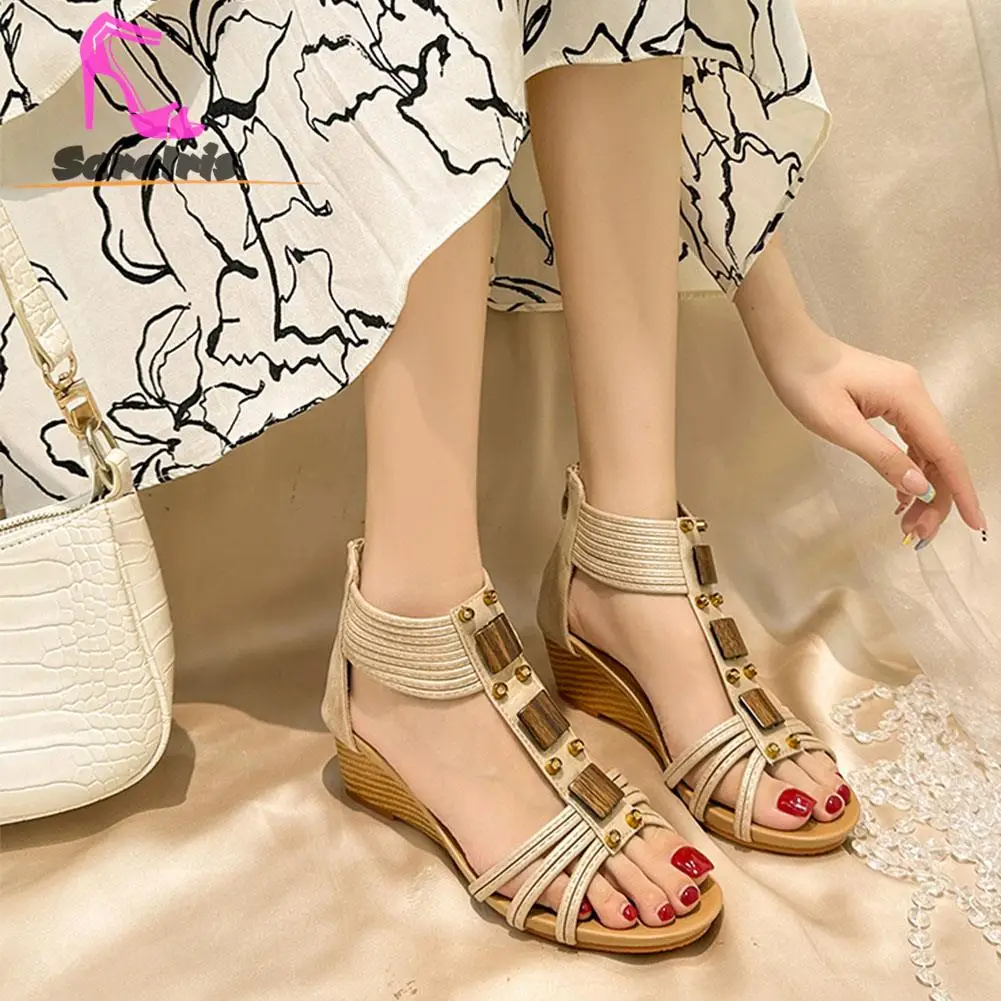 Slope With Roman Shoes Female 2023 Summer Bohemian Retro Sandals Back Zipper Comfy Walking Office Ladies Elegant Sandals Shoes