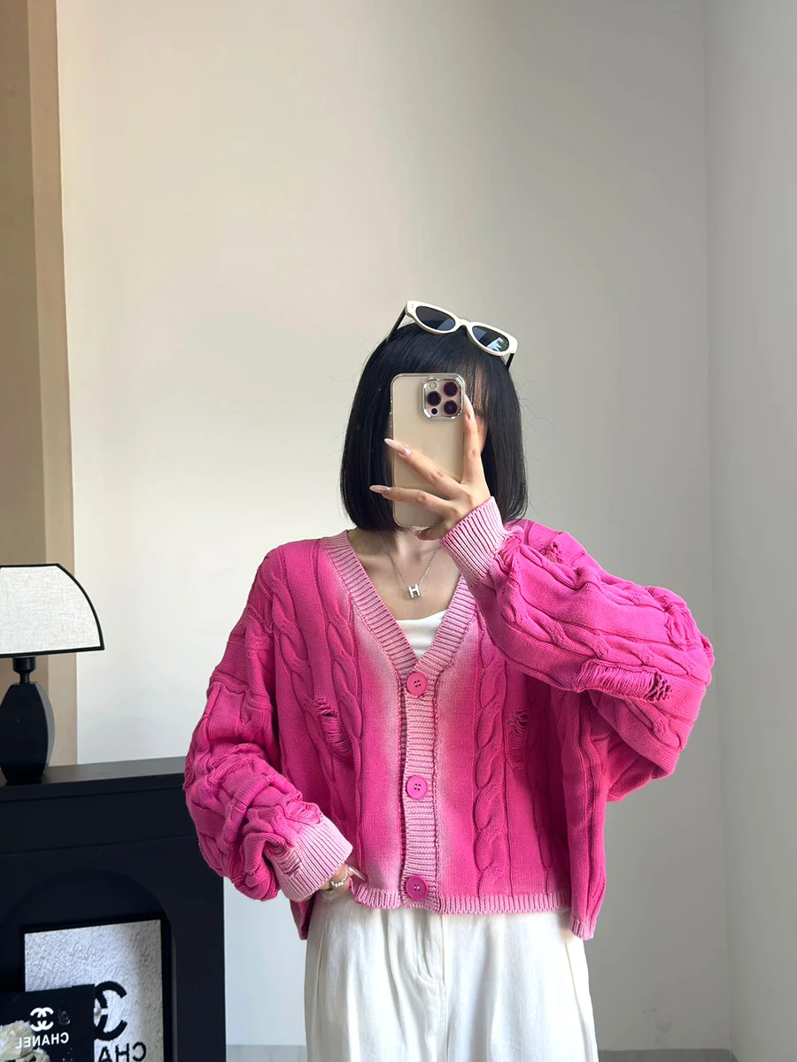 Осень 2024 новый старый рваный вязаный кардиган ленивый свободный поворотный