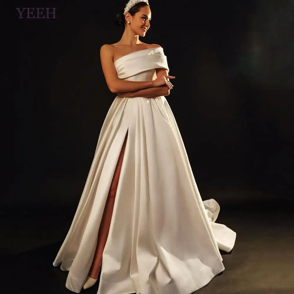 

YEEH Vintage Pleating Boat Neck Wedding Dress For Bride Satin Draped One Shoulder Bridal Gown Modern High Slit Robe De Soire