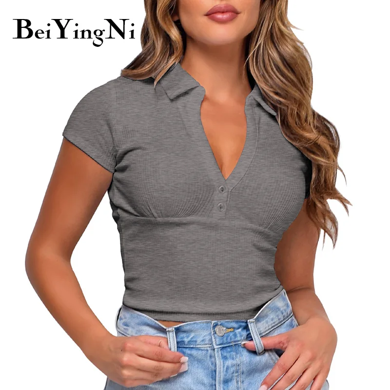 

Модная Летняя женская футболка Beiyingni с коротким рукавом поло на пуговицах однотонные Лоскутные женские топы винтажный Повседневный облега...