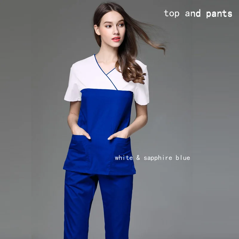 

Women Fashion Scrub Set Nursing Uniform Mock Wrap Dentistry Workwear Color Blocking Doctor Workwear Short Sleeve Medical Clothes