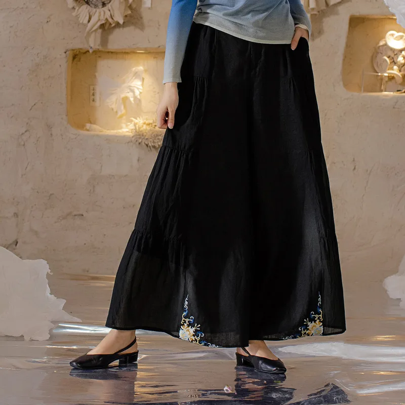 A Life On The Left Women Pants 2023 Spring Straight Loose Wide Leg Trousers 100% Linen Splicing Cotton Embroidery Black Culotte