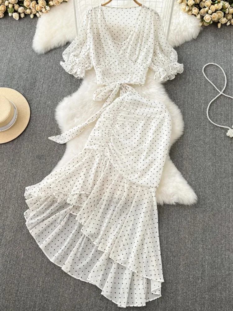 

Fashion Women Vintage Polka Dot Skirts Suit Chiffon Shorts Shirts Tops High Waist Saya 2 Pieces Set Female Spring Outfits Cloths