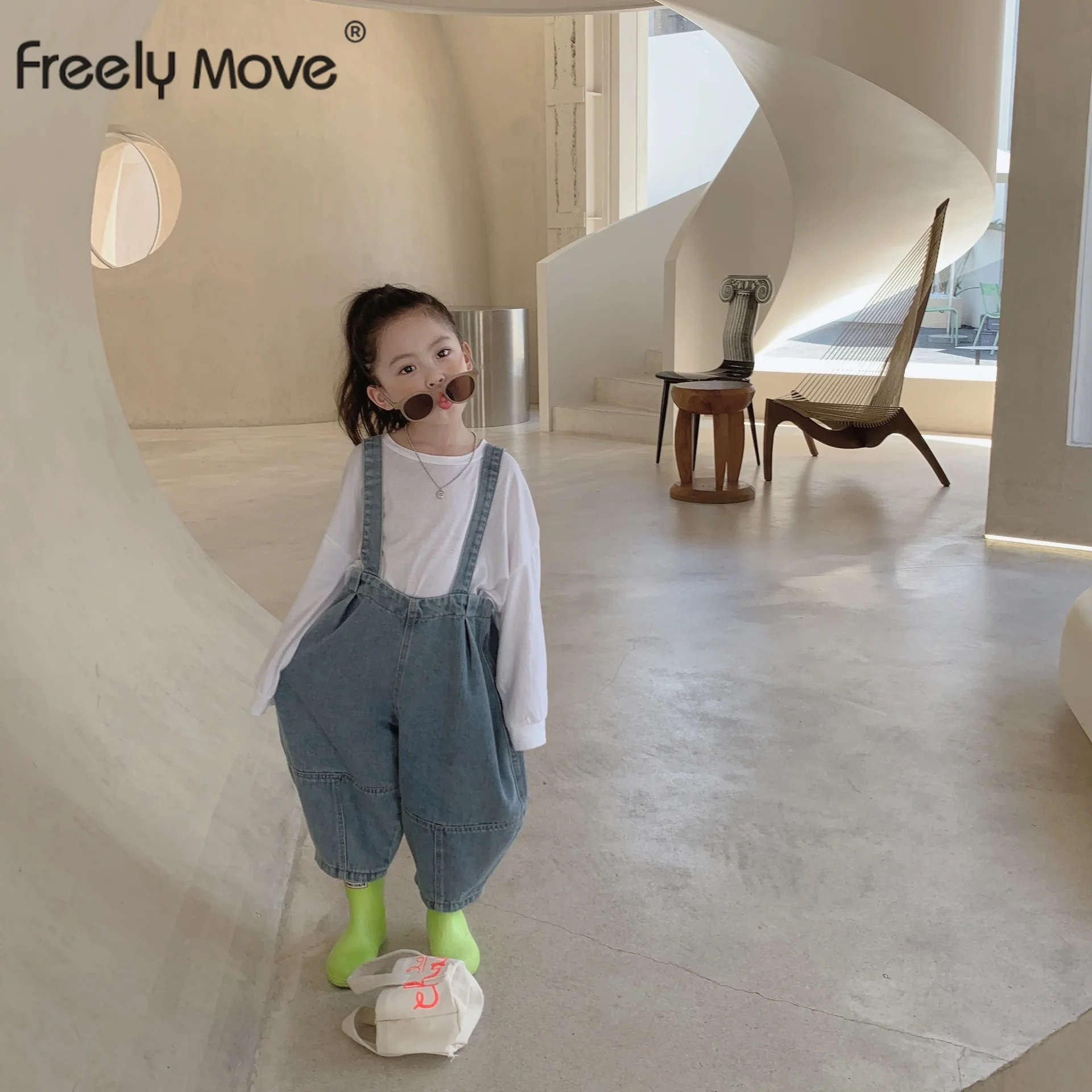 

Freely Move Children Overalls Fashion Denim Clothes Spring Summer Wide Leg Strap Jeans Girls Suspender Pant 2-9T Boys Overalls