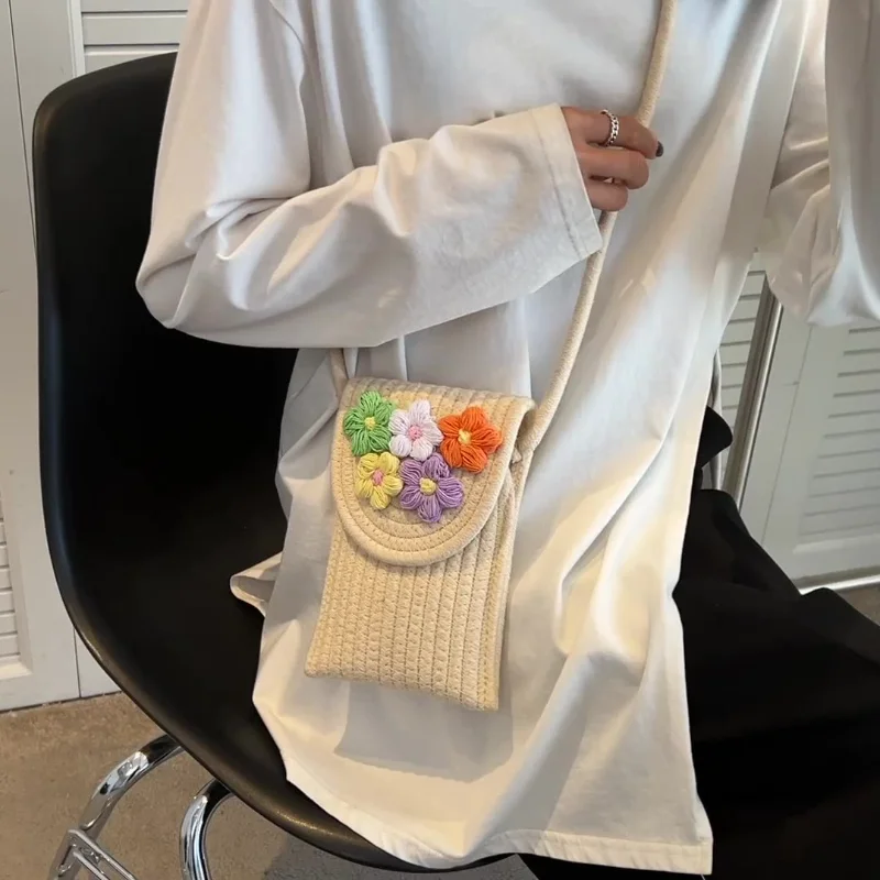 Cotton Rope Mobile Phone Bag Women Messenger Mini Small Bag Handwoven Flower Coin Purse Beach Bag Bolso Del Teléfono Móvil