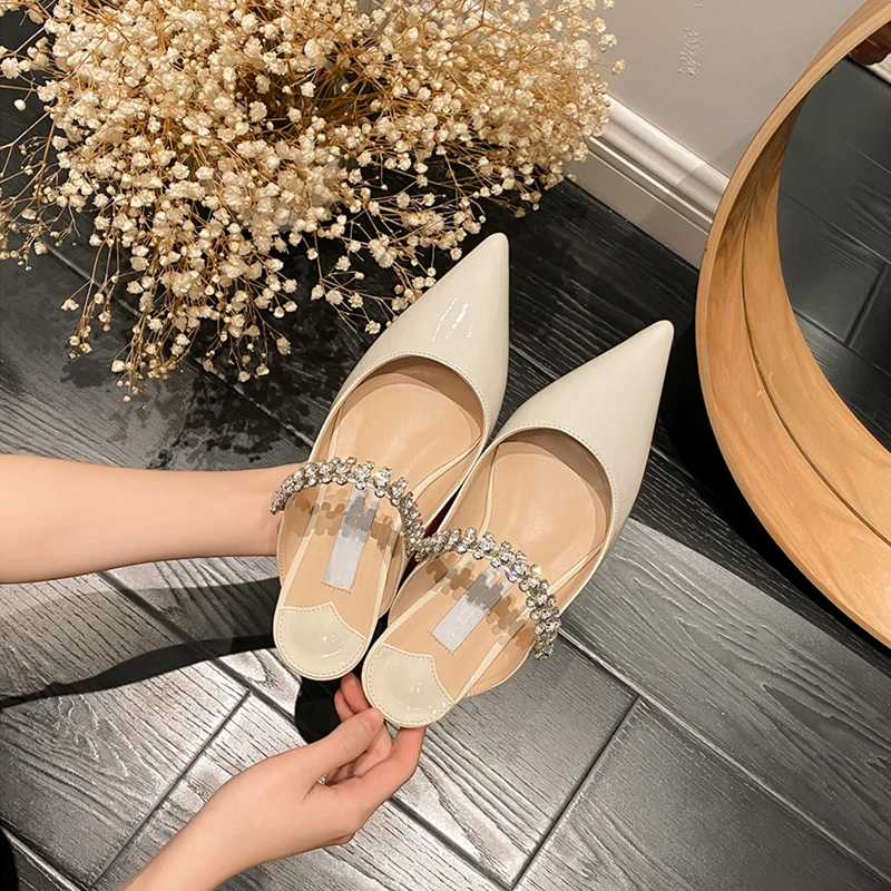 Fashion Pointed Sandals 2023 Summer New Diamond Chain High-heeled Shoes Baotou Muller Semi-slippers Frosted Flat Women's Shoes