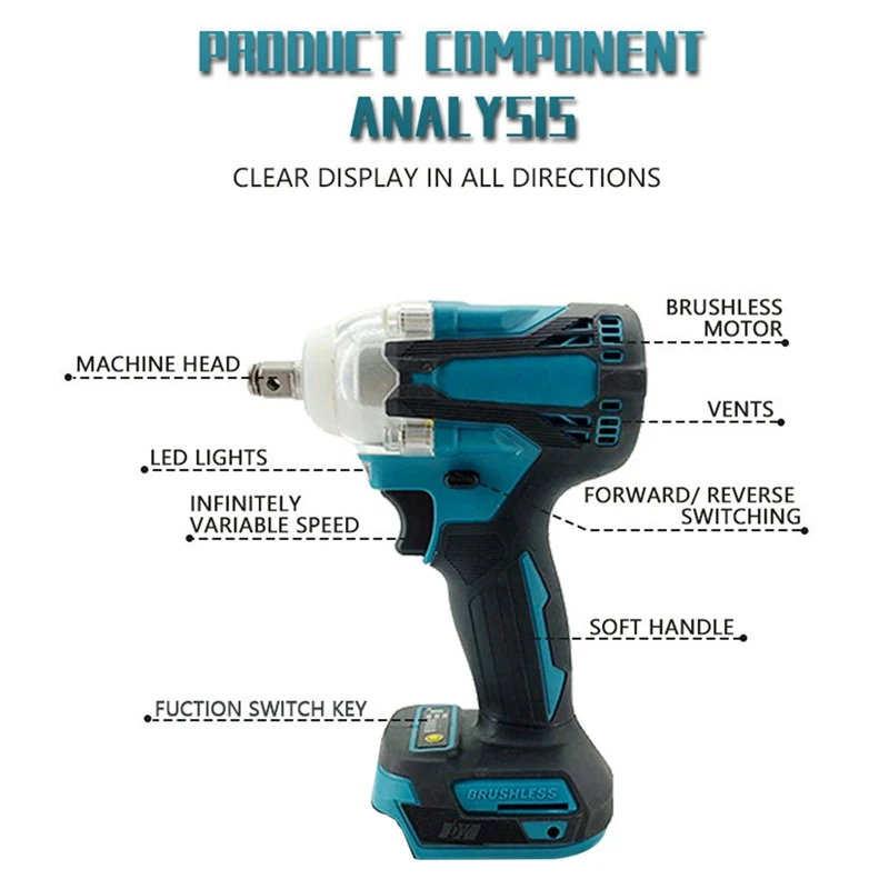 Electric Impact Wrench Brushless Cordless 1/2 Inch For Makita 18V Battery Screwdriver Power Tools