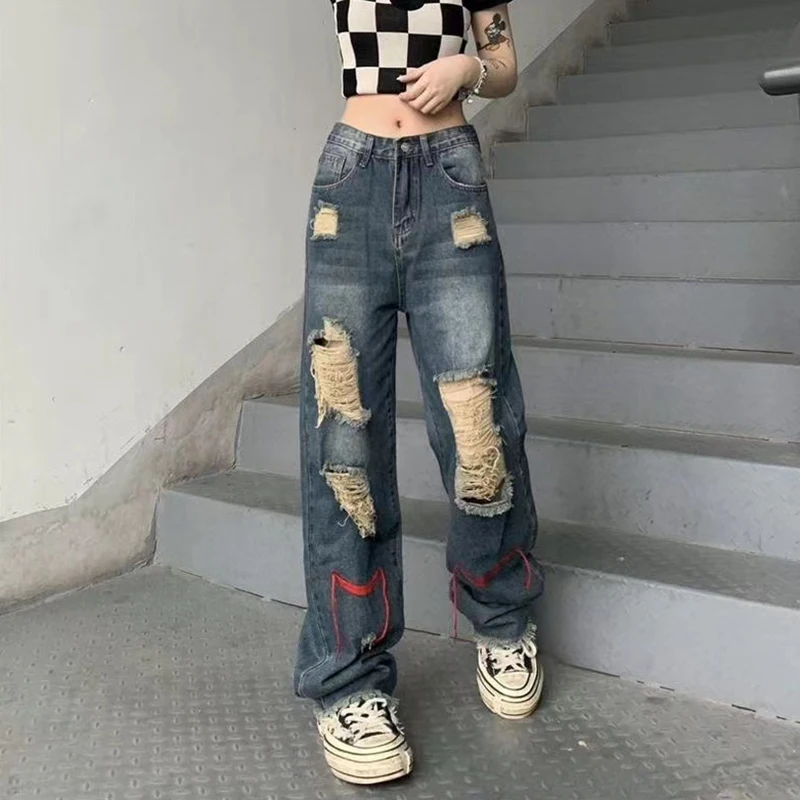 

Женские свободные джинсы с рваными дырками, винтажные джинсовые брюки с широкими штанинами в уличном стиле, одежда для гранжа и альта