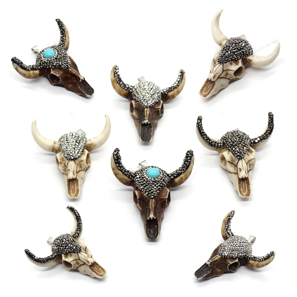 

Animal Bull Head Shape Resin Pendant Fashion Jewelry 47x47mm Inlaid Natural Stone Rhinestone DIY Jewelry Making Necklace Pendant