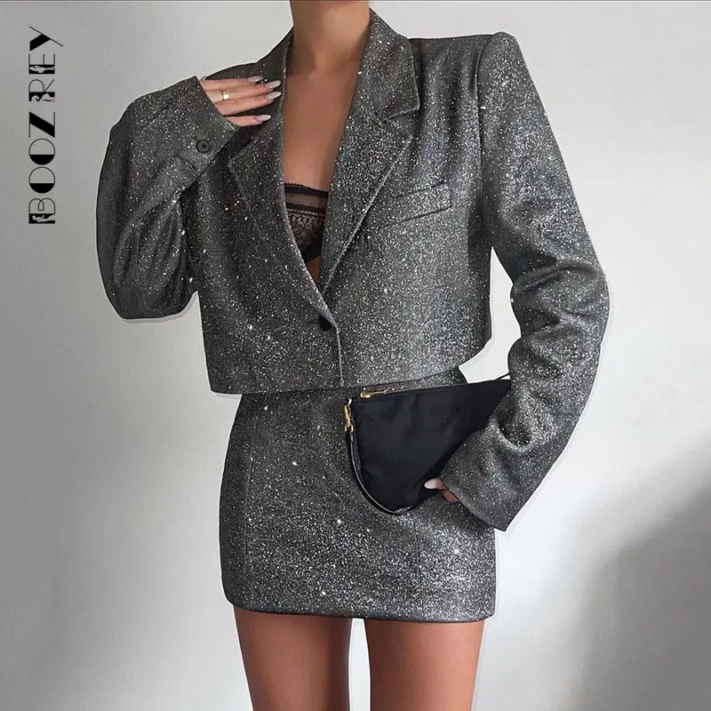 

BoozRey Fashion Sequins Sexy Two Piece Sets Womens Outifits 2022 New Fall Outfits Women Long Sleeve High Waist Skirt Sets Skirts
