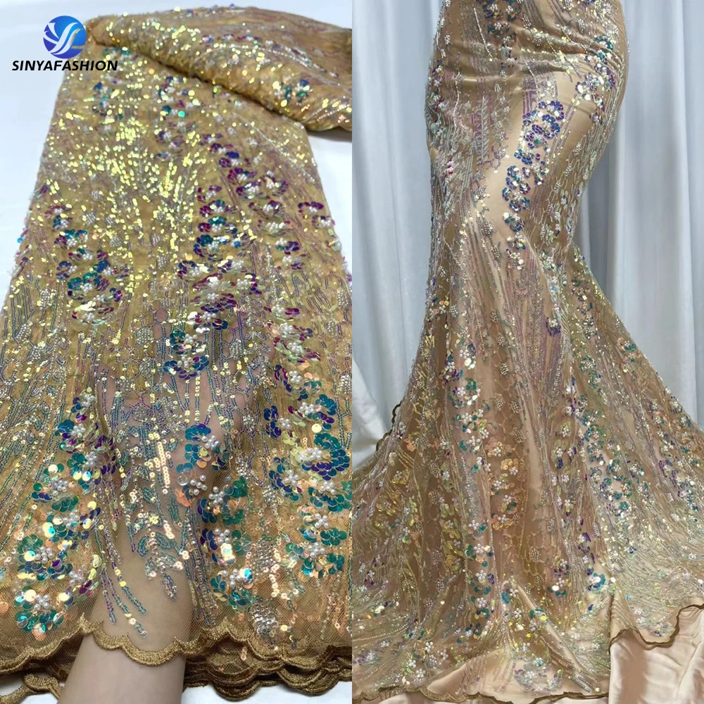 

Женская кружевная ткань с большими блестками и золотым роскошным жемчугом, 5 ярдов