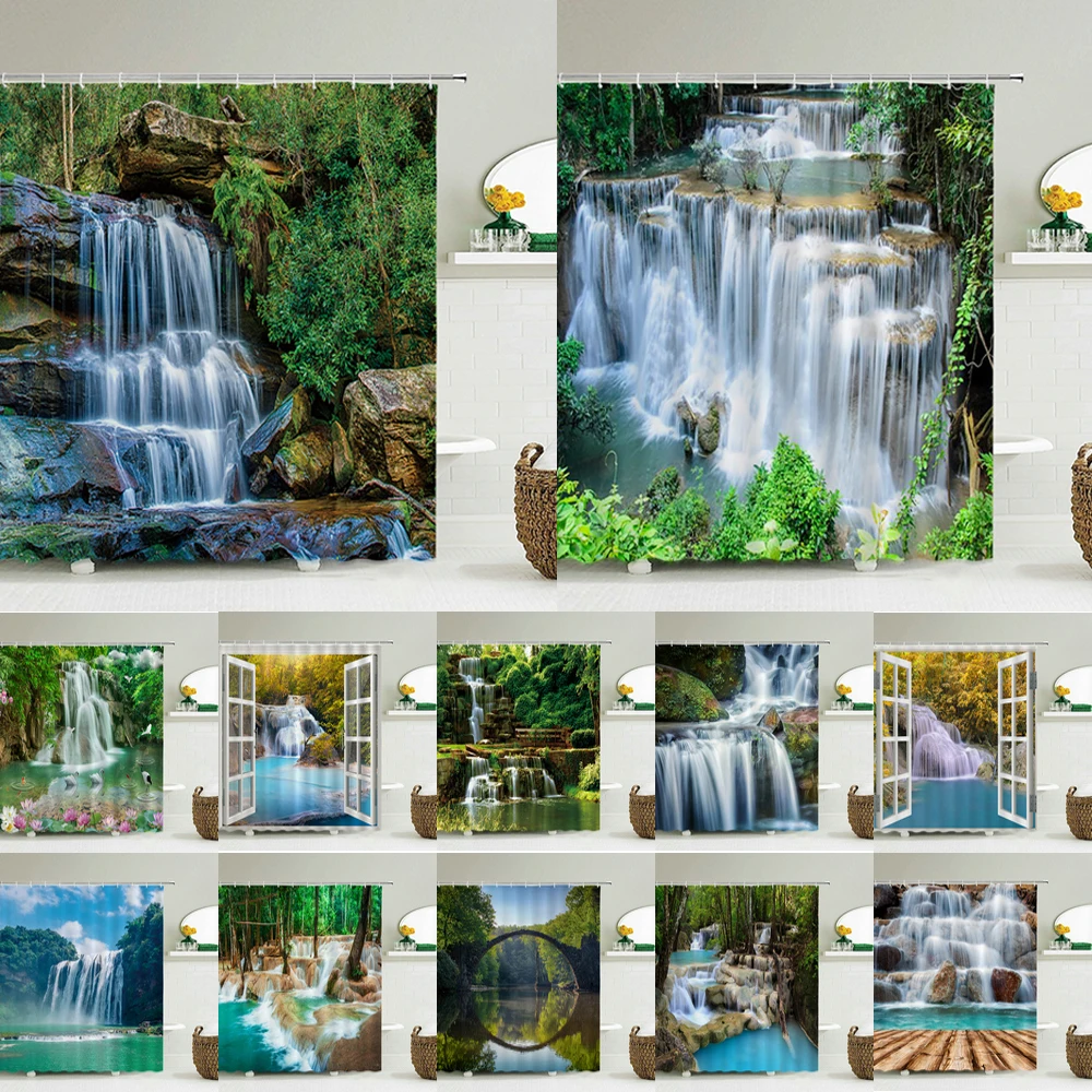 

Forest Waterfall Scenery Shower Curtains With Hook Waterproof Polyester Green Natural Landscape Home Decoration Bathroom Curtain