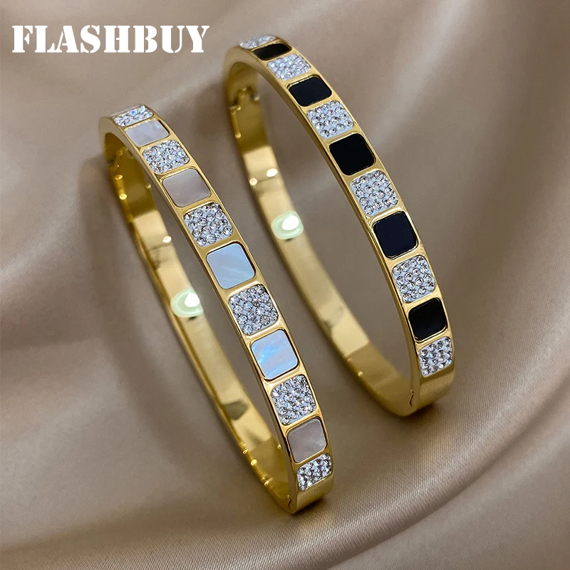 

FLASHBUY Chic Splice Black White Squares Zircon 316L Stainless Steel Bangles Bracelets for Women New Charm Waterproof Jewelry