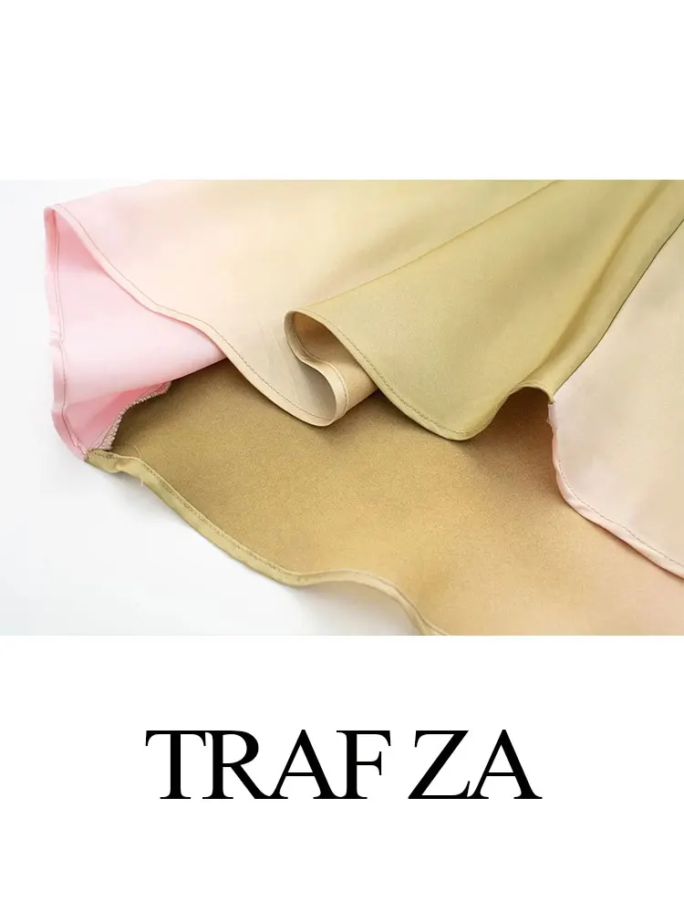 TRAFZA Women's Fashion Print Short Sleeve Dress Vintage Tie Dye O-Neck Midi Dresses Spring Female Casual Chic Satin Dress