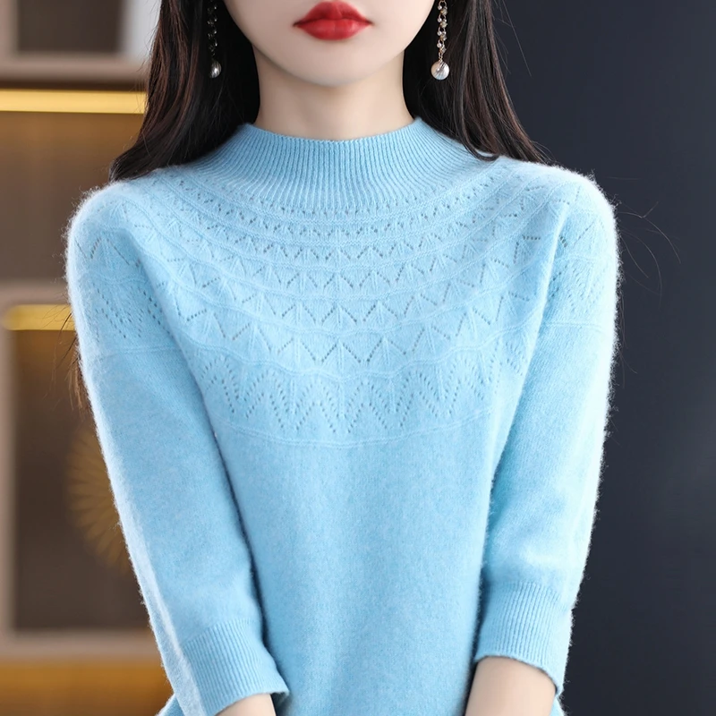 

Spring And Summer First-Line Ready-To-Wear Women's Semi-High Neck Short-Sleeved Hollow Sweater Wool Knitted Bottoming Shirt