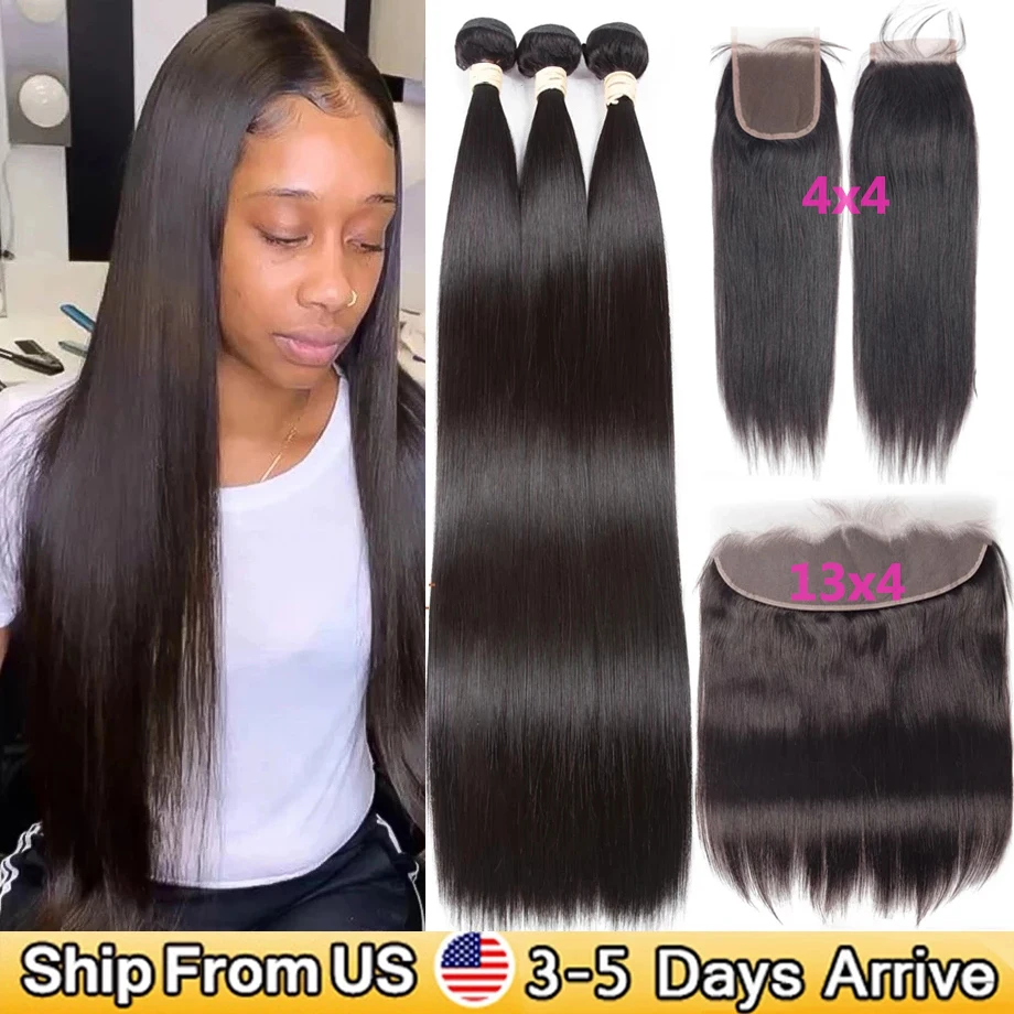 Прямые прозрачные пучки с фронтальной частью длиной 30 дюймов с закрытием на волосах бразильского происхождения.