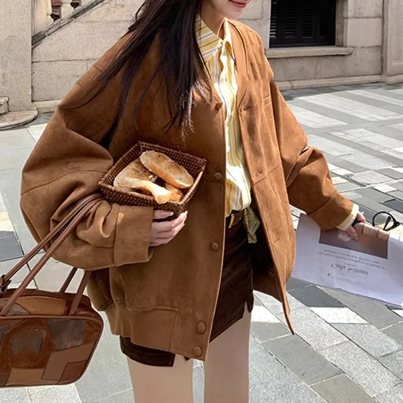 Винтажная повседневная куртка свободного кроя из замши топ для женщин осенний