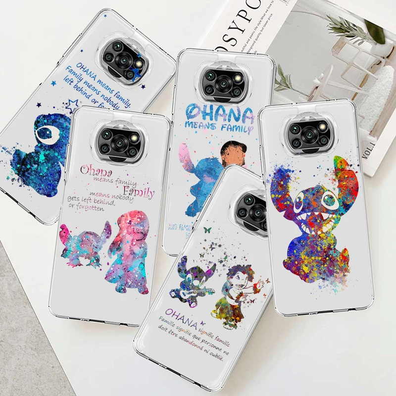 

Stitch Anime Ohana For Xiaomi Poco X5 C55 C50 M5 M4 X4 X3 F3 GT NFC M3 C3 M2 X2 Pro Silicone Transparent Phone Case Coque Capa