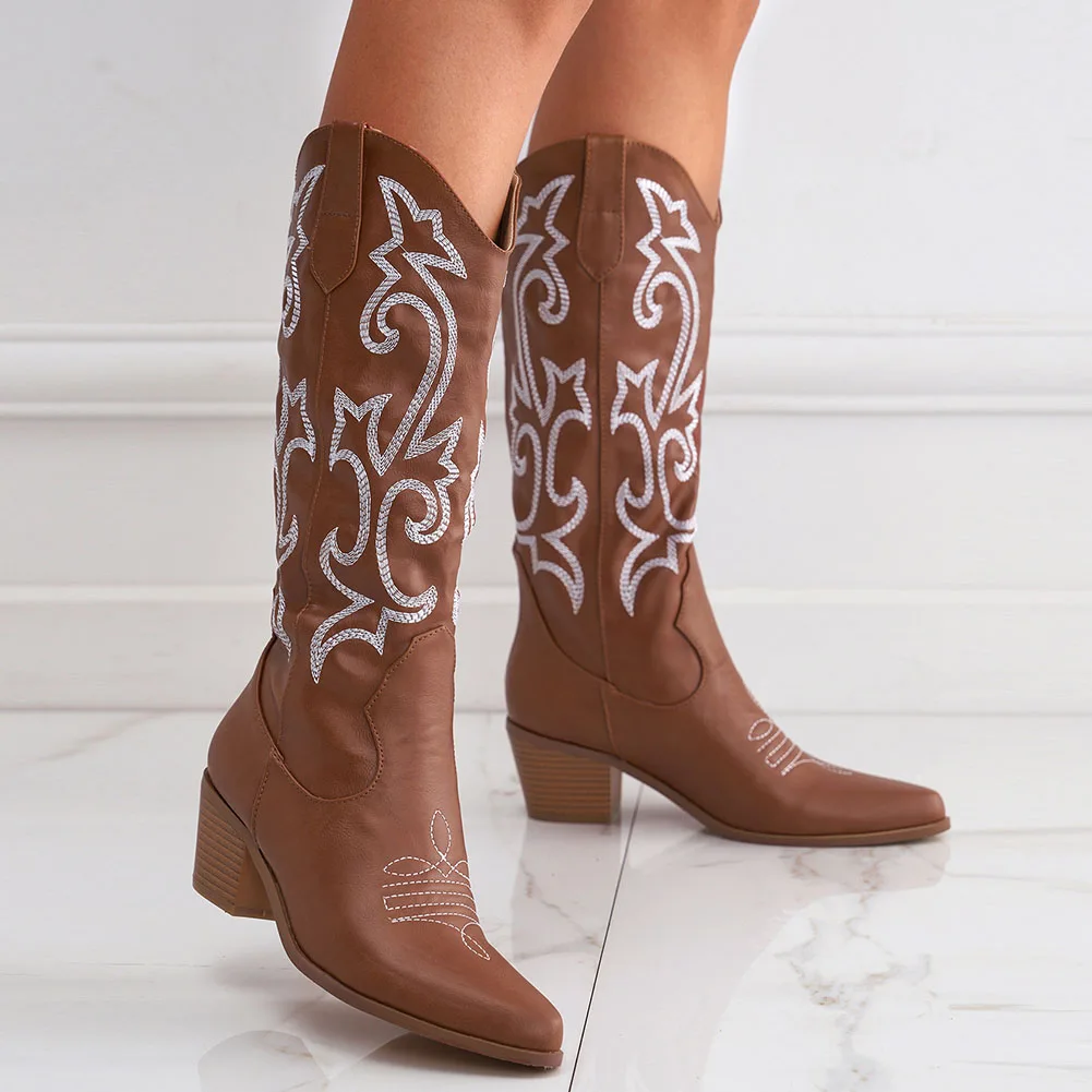 

SARAIRIS 2022 Fashion White Western Boots For Women Slip On Mid-calf Cowboy Boot Shoes Woman