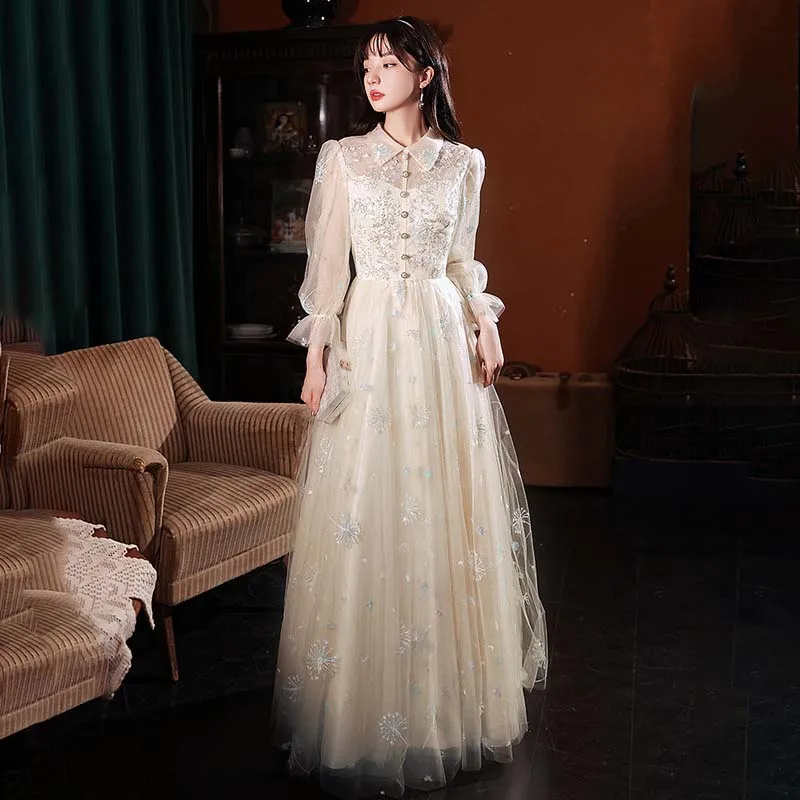 

High Neck Elegant Evening Dress Empire Full Sleeves Pleat Floor-Length Sequins A-Line Plus size Women Formal Party Gown C1617