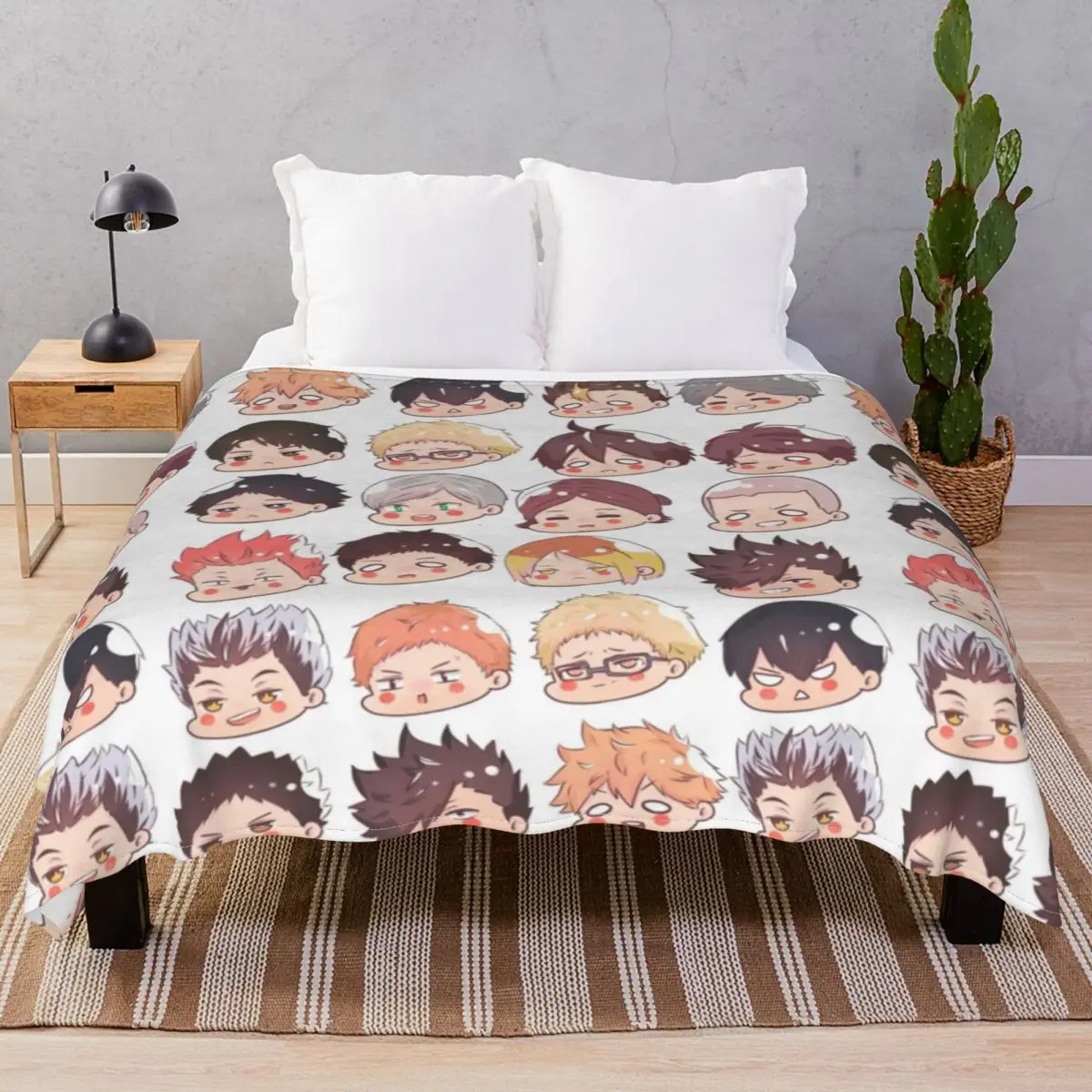 Haikyuu Chibi Heads Blanket Fleece Spring/Autumn Breathable Throw Blankets for Bed Sofa Camp Office