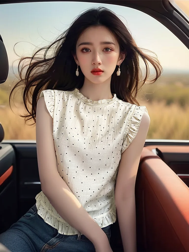 Шифоновые рубашки в горошек с деревянными ушками женские летние французские