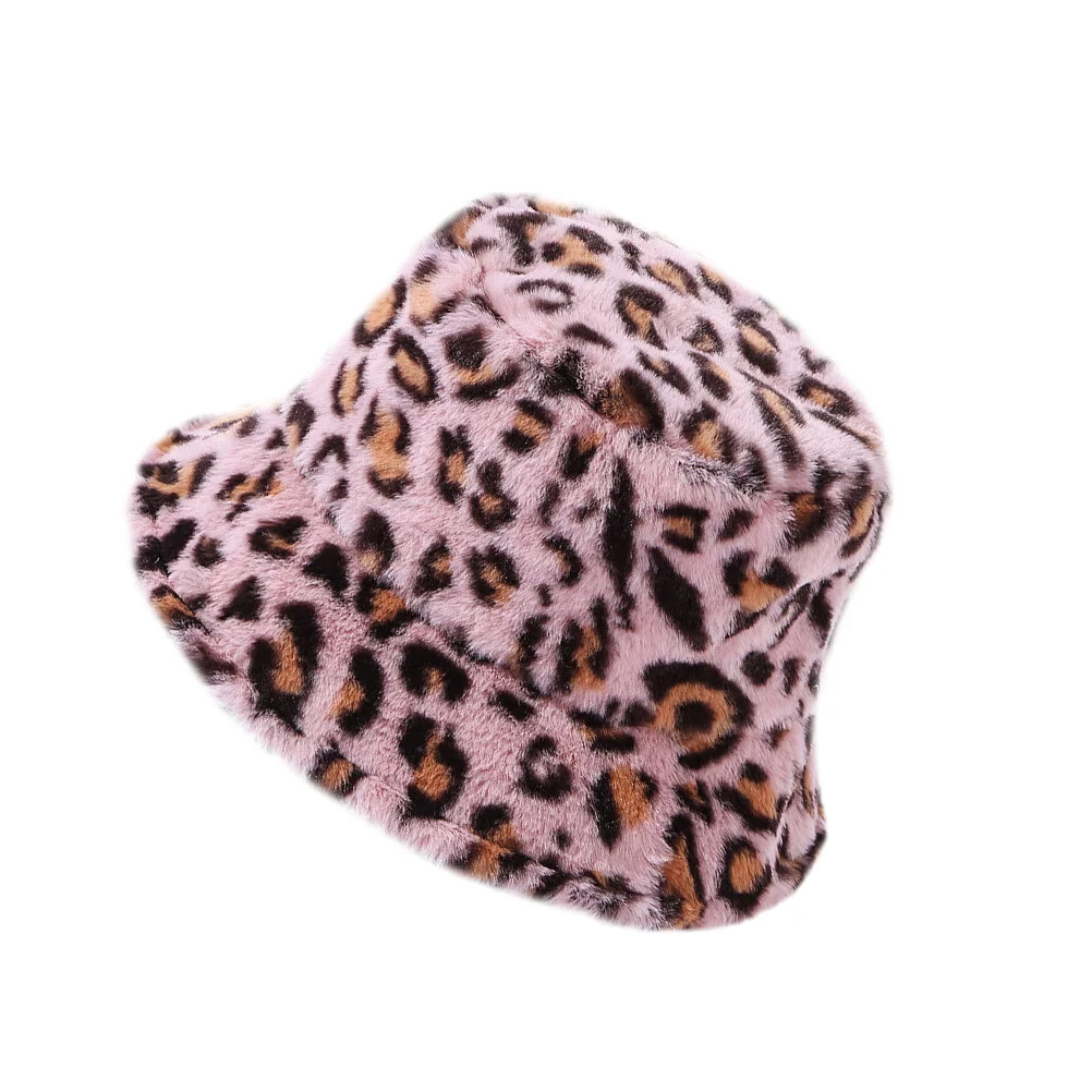 

Fashion Bucket Hats for Warm Fisherman Hat Fluffy Autumn Winter Leopard Plush Bucket Cap-