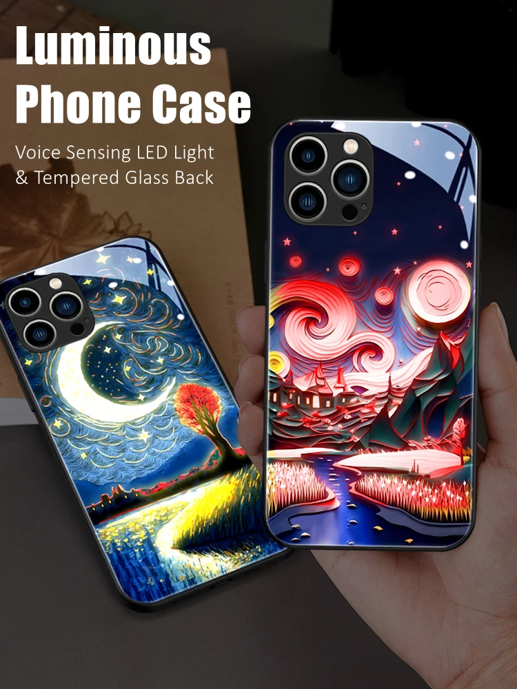 

Van Gogh Colorful LED Light Glowing Luminous Tempered Glass Phone Case for OnePlus 6 6T 7 T 8 8T 9 9R 10 Ace Nord 2 N20 N200 Pro