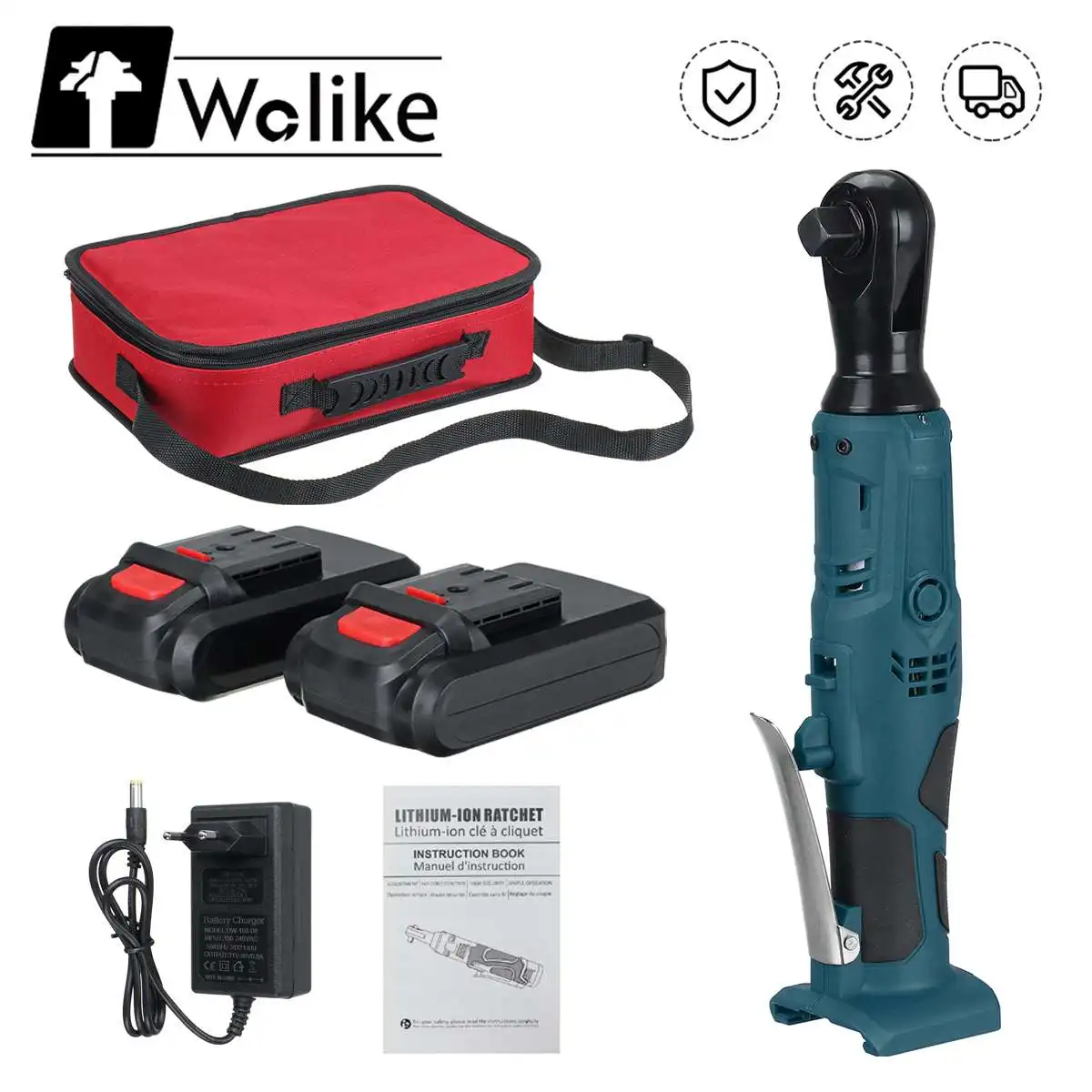 

160N.m Electric Wrench 18V Cordless Ratchet Rechargeable Scaffolding Right Angle Wrench 1/2" with 2 Battery Charger Power Tool
