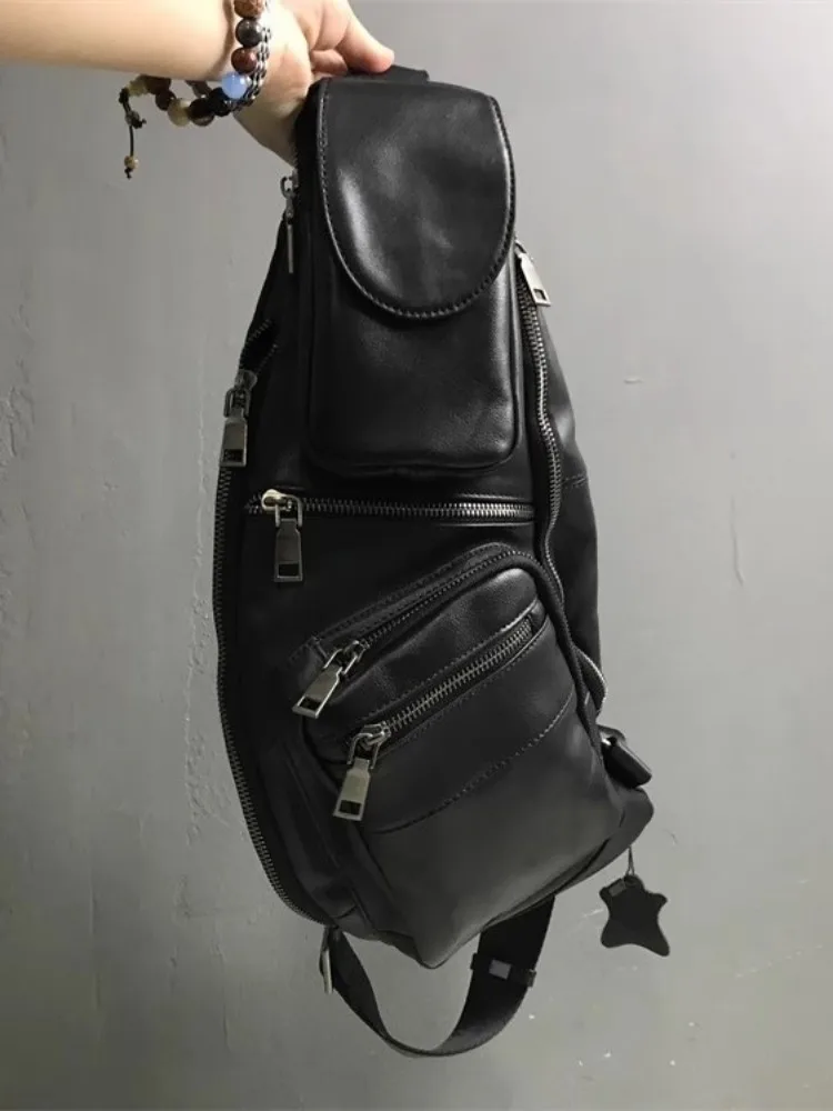 Сумка унисекс из натуральной кожи черная нагрудная сумка с несколькими