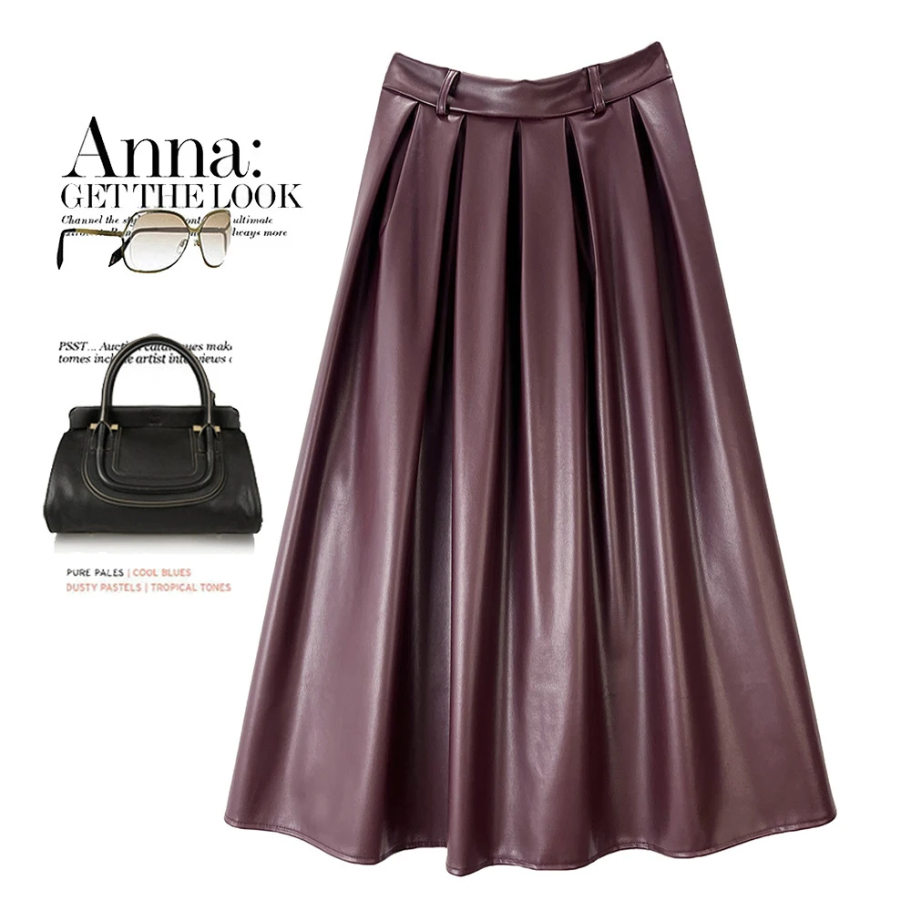 

Winter Autumn Fashion Elegant PU Leather Skirt VD4343 Elastic Waist Black Khaki Apricot Wine Red Long Pleated Skirts Women
