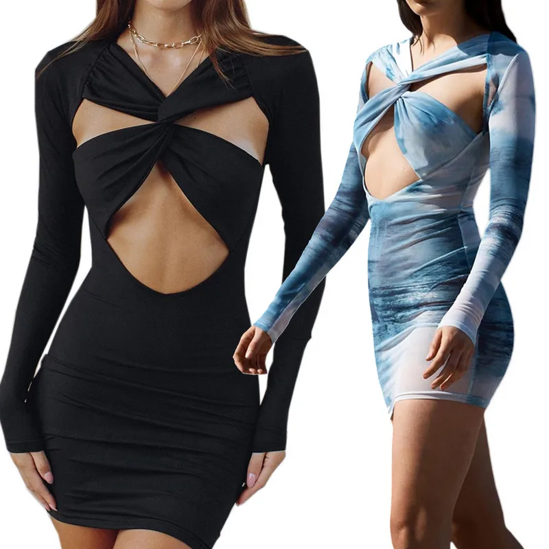 

Женское облегающее платье, соблазнительное Клубное вечернее мини-платье с длинным рукавом и перекрестным поясом спереди, Клубная одежда ве...