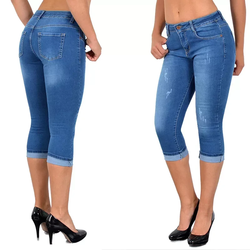 

Женские узкие джинсы с завышенной талией, рваные джинсовые капри до колена с дырками, облегающая уличная одежда, лето 2022