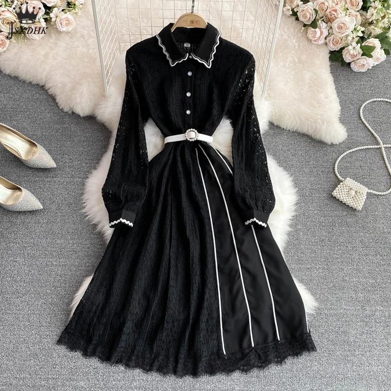 

Женское винтажное шифоновое платье с отложным воротником, черное кружевное элегантное Плиссированное праздвечерние чное платье миди А-сил...